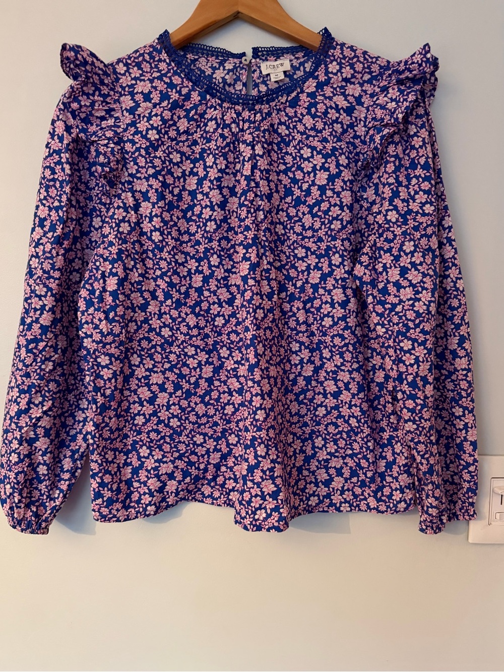 J. Crew Blue Blouse with Pink Floral Print and Ruffle Shoulders